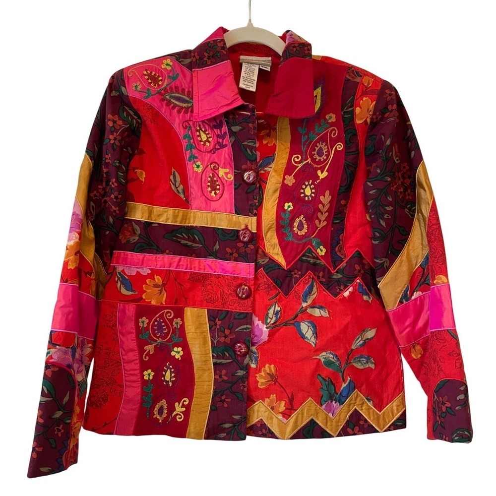 Coldwater Creek Vintage 90s Mixed Media Embroidered Patchwork Jacket Size S Red